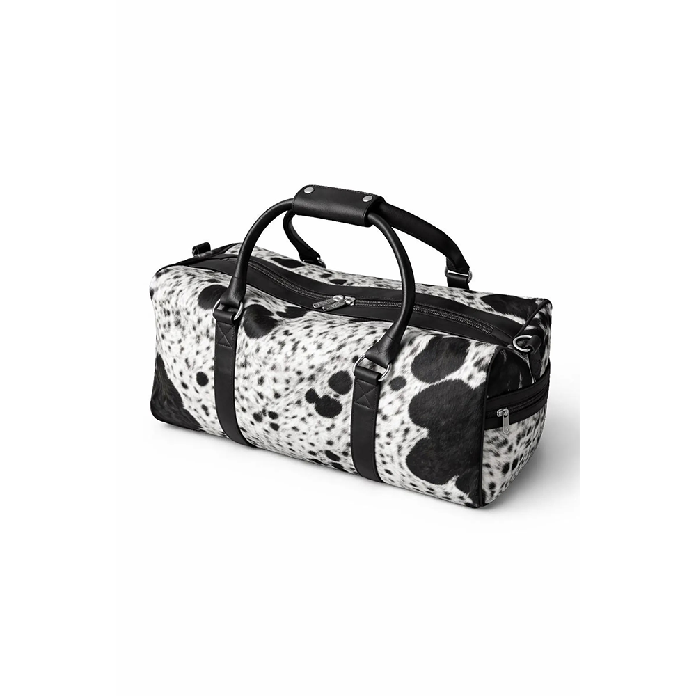 HairOn Cowhide Black and White Duffle Bag  Handmade Leather Weekender