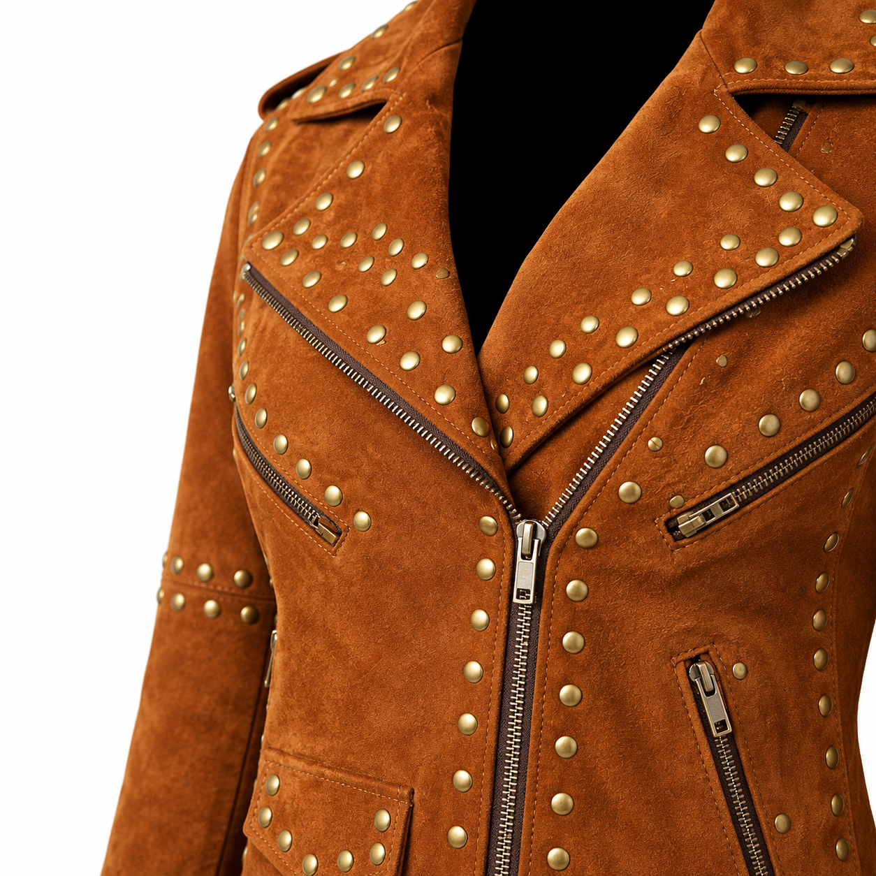 WLJ03 Home of Leather Women Brown Studded Brando Leather Jacket