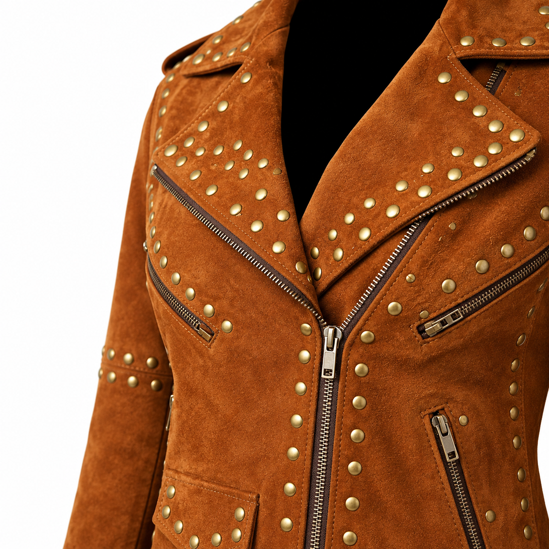WLJ03 Home of Leather Women Brown Studded Brando Leather Jacket
