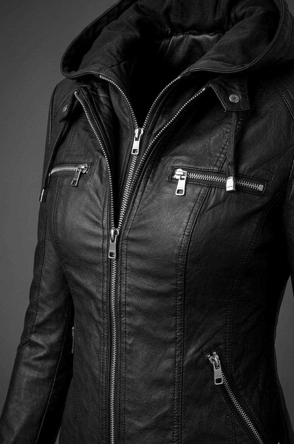 WLJ05 Detach Hoodie Womens Black Biker Stylish Real Leather Motorcycle Jacket