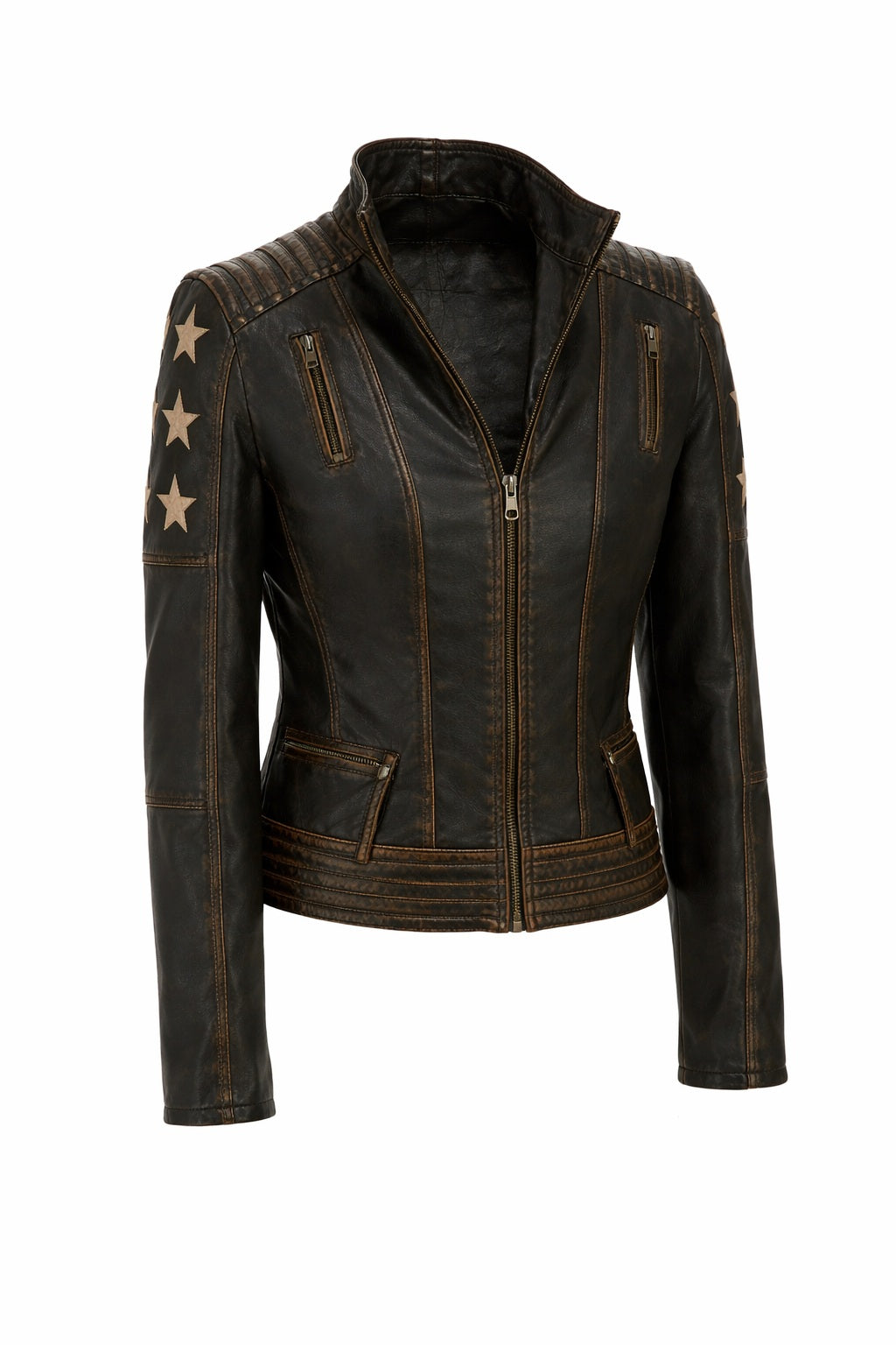 WLJ11 Womens Cafe Racer Star Slim Fit Stars Distressed Brown Classic Biker Leather Jacket