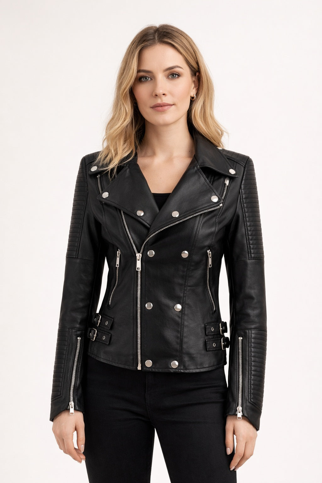 WLJ13 Womens Motorcycle Bomber Black Biker Real Leather Stylish Slim Fit Jacket