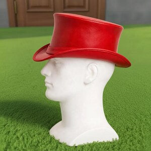 Handmade Red Leather Top Hat Braided Band Gothic Steampunk Style Unisex Accessory