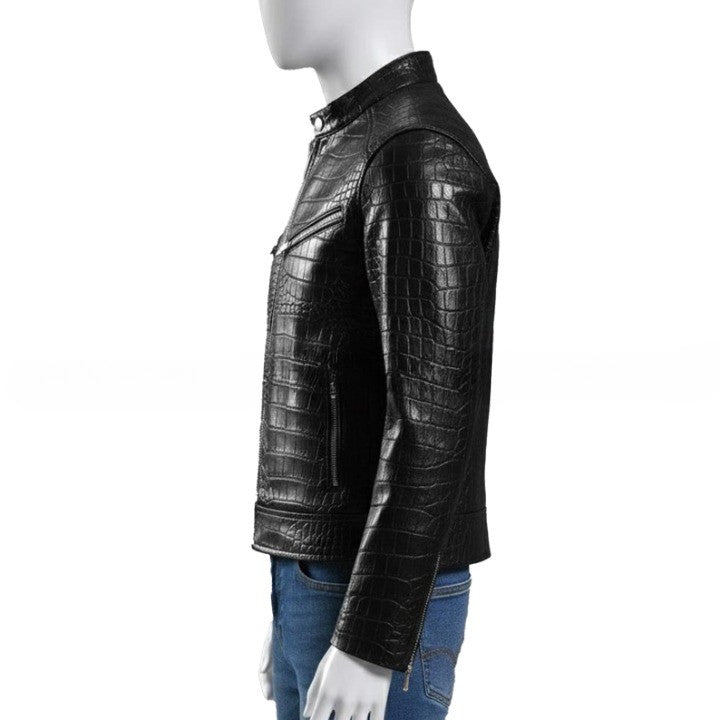 Mens Black Crocodile Embossed Leather Jacket  Genuine Leather Biker Jackets  Handmade Luxury Coat