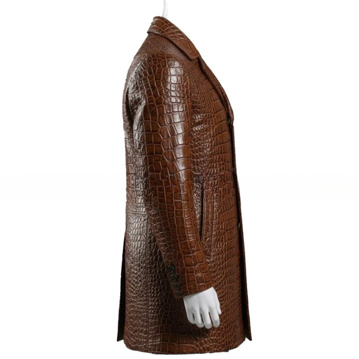 Mens Brown Croc Embossed Coat  Genuine Leather Button Front Jacket  Handmade Long Leather Outerwear