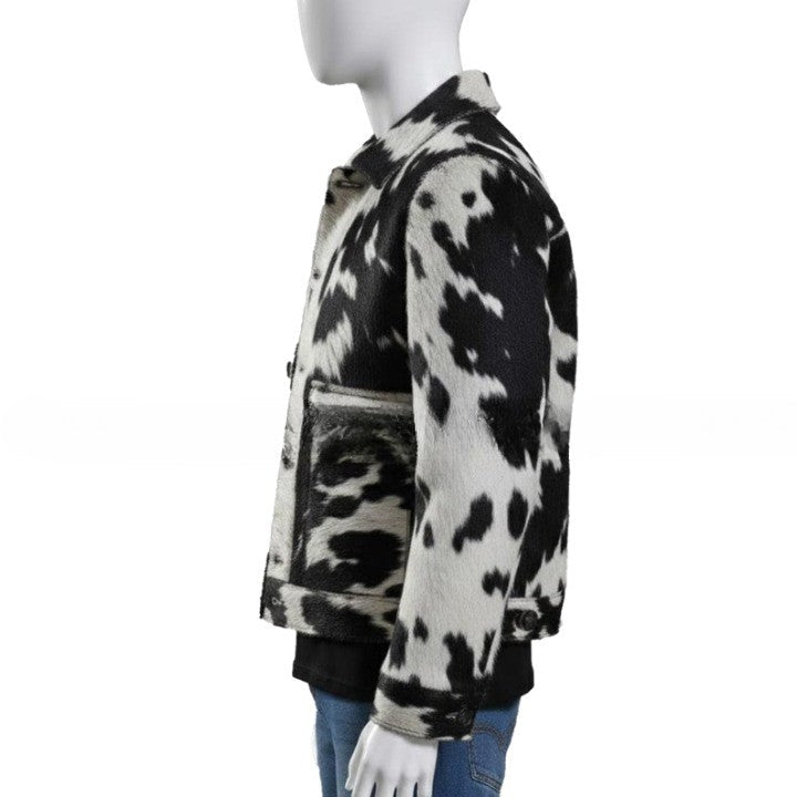 Mens Black and White Hig Contrast Pattern Leather Jacket with Front Buttons  Modern Casual Outerwear