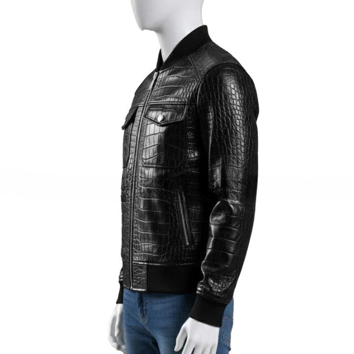 Mens Luxury Black Crocodile Embossed Leather Jacket  New Style Genuine Leather Bomber Jackets
