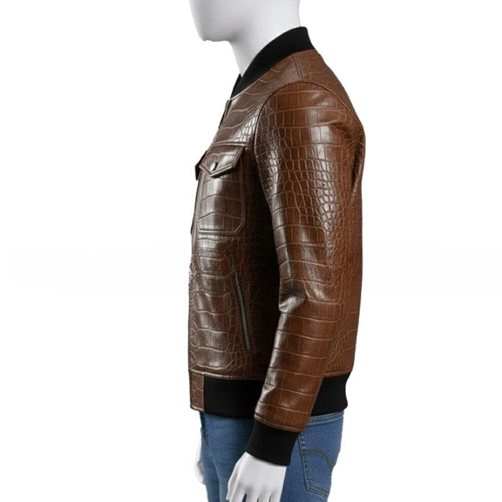 Mens Crocodile Embossed Leather Bomber Jacket  Genuine Leather Aviator Coat