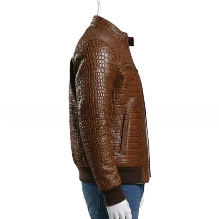 Mens Brown Textured Leather Jacket  Handmade Zip Up Coat