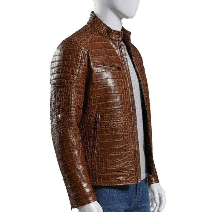Embossed Brown Leather Jacket Men  Genuine Leather Stand Collar