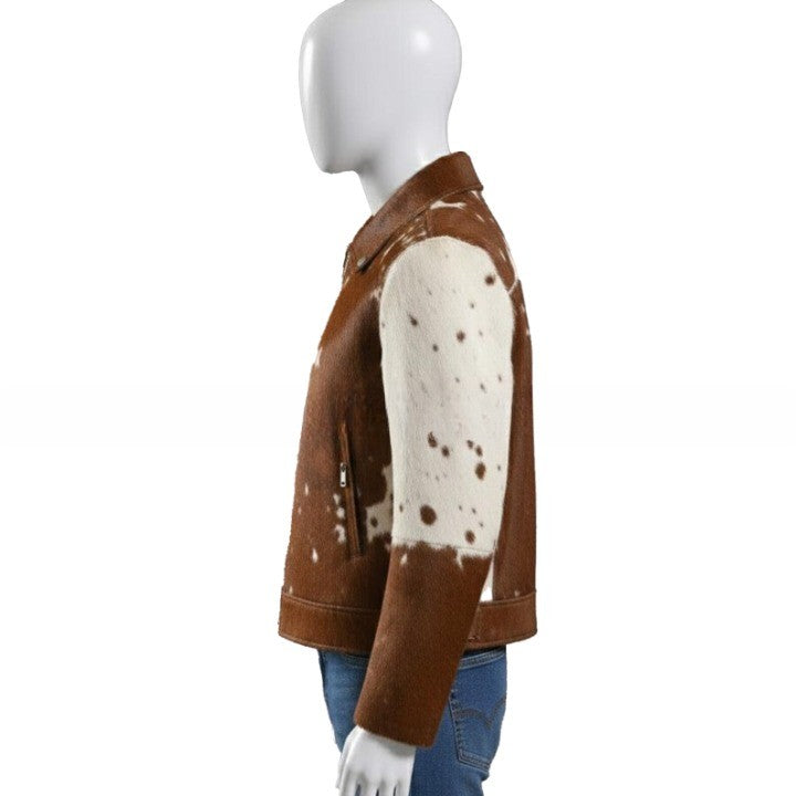 Mens Chestnut Brown Zip Leather Jacket with Speckled Contrast Panels   Refined Casual Outerwear