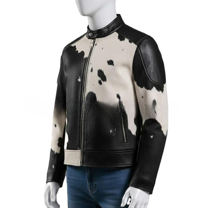 Mens Black and White Abstract Pattern Leather Jacket with Button Front  Contemporary Casual Outerwear