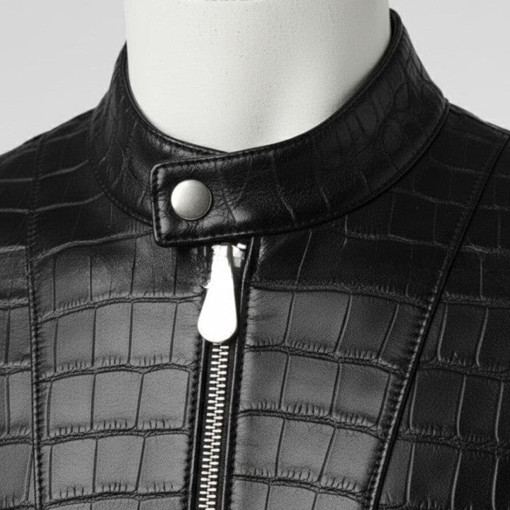 Mens Crocodile Embossed Leather Biker Jacket  Slim Fit Aviator Coat