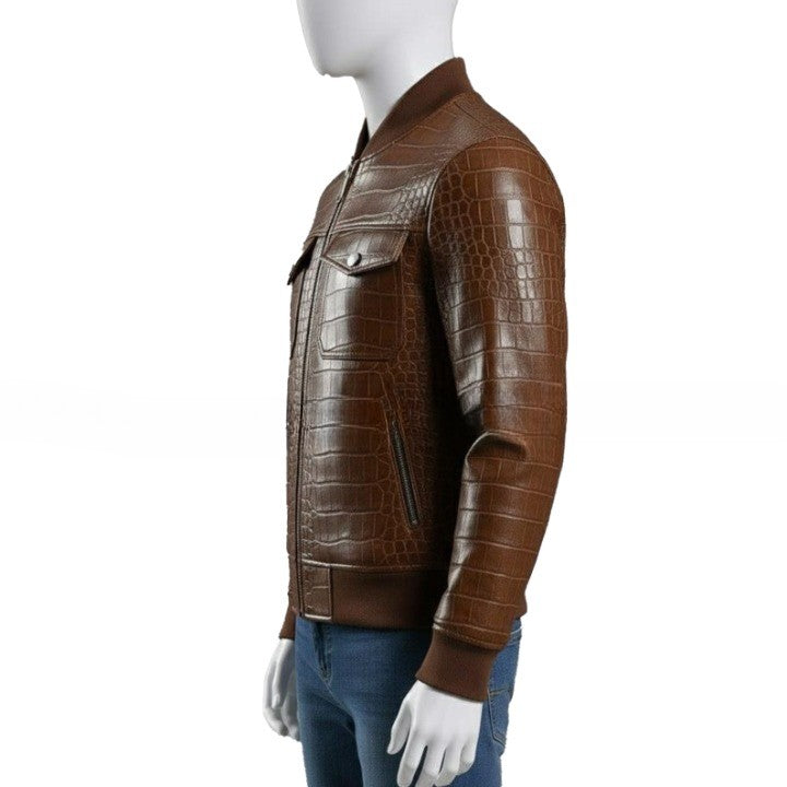 Mens Brown Croc Embossed Genuine Leather Bomber Jacket
