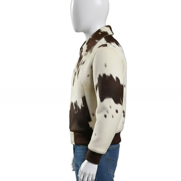 Mens Brown and Cream Zip Up Leather Jacket with Ribbed Hem  Contemporary Casual Outerwear