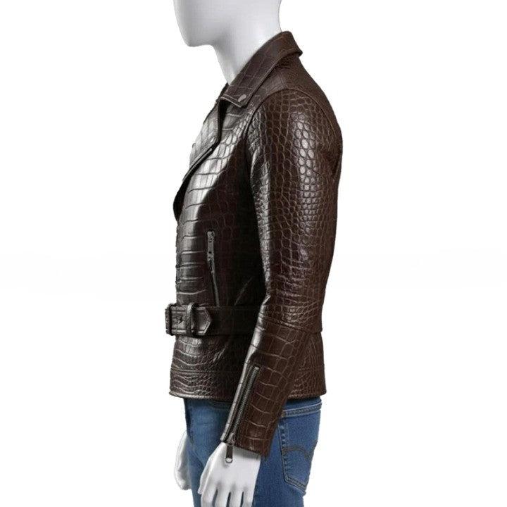 Embossed Brown Leather Moto Jacket  Asymmetrical Zip Belted Waist