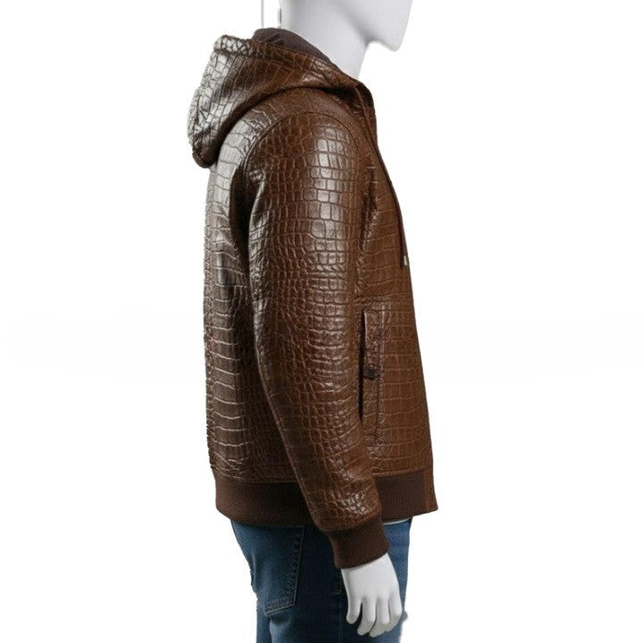Mens Brown Croc Embossed Genuine Leather Hoodie  Biker Jacket