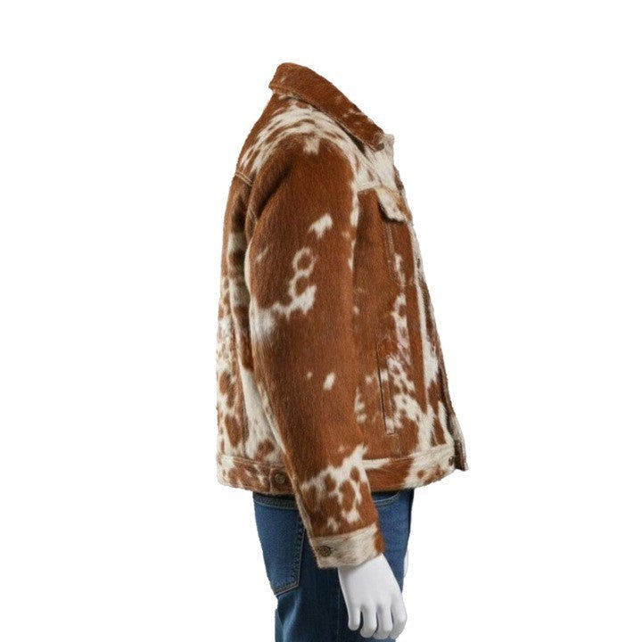 Mens Hair On Cowhide Trucker Jacket  Rust Brown  Ivory Western Outerwear