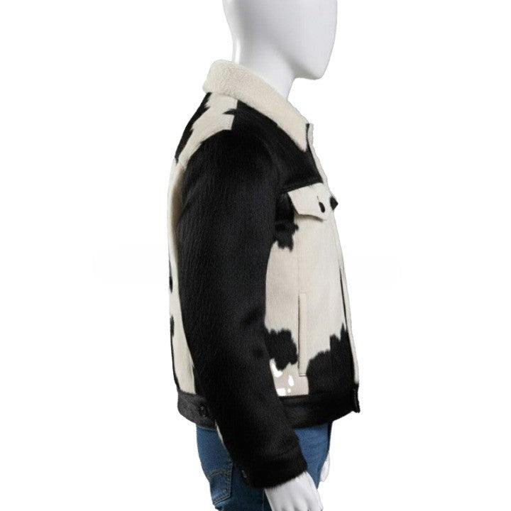 Mens Black and Ivory Panel Leather Jacket with Soft Collar  Contemporary Everyday Outerwear
