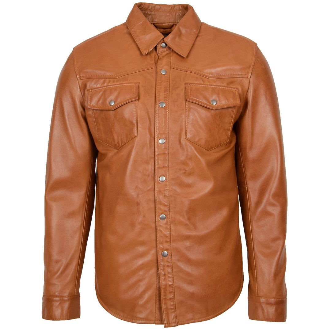 Mens Leather Shirt Classic Trucker Style Oliver Tan
