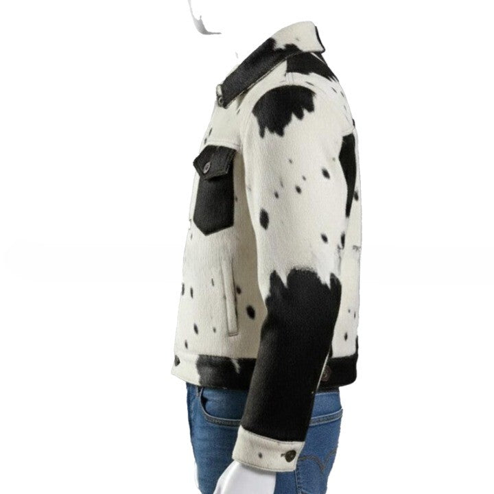 Mens Hair On Cowhide Trucker Jacket  Black  White Western Style