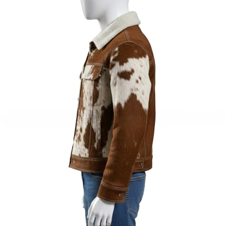 Mens Brown and Cream Shearling Collar Leather Jacket with Patterned Panels  Winter Casual Outerwear