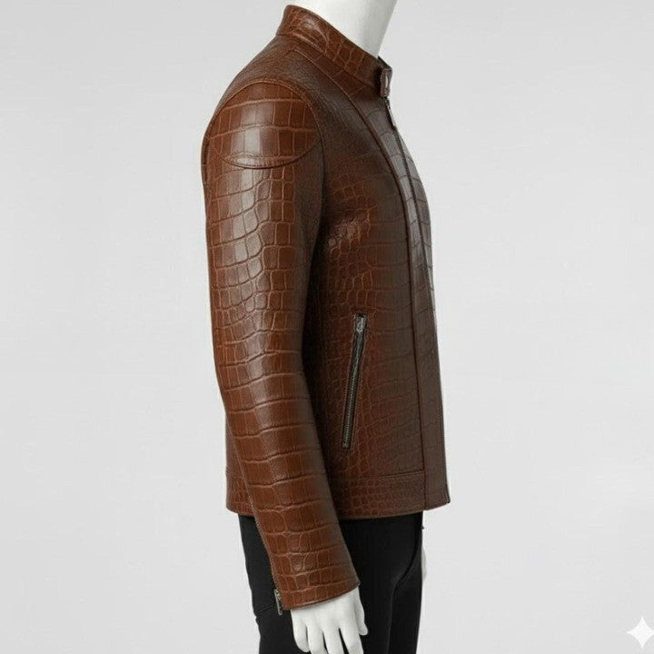 Mens Brown Croc Embossed Leather Jacket  Slim Fit Stand Collar