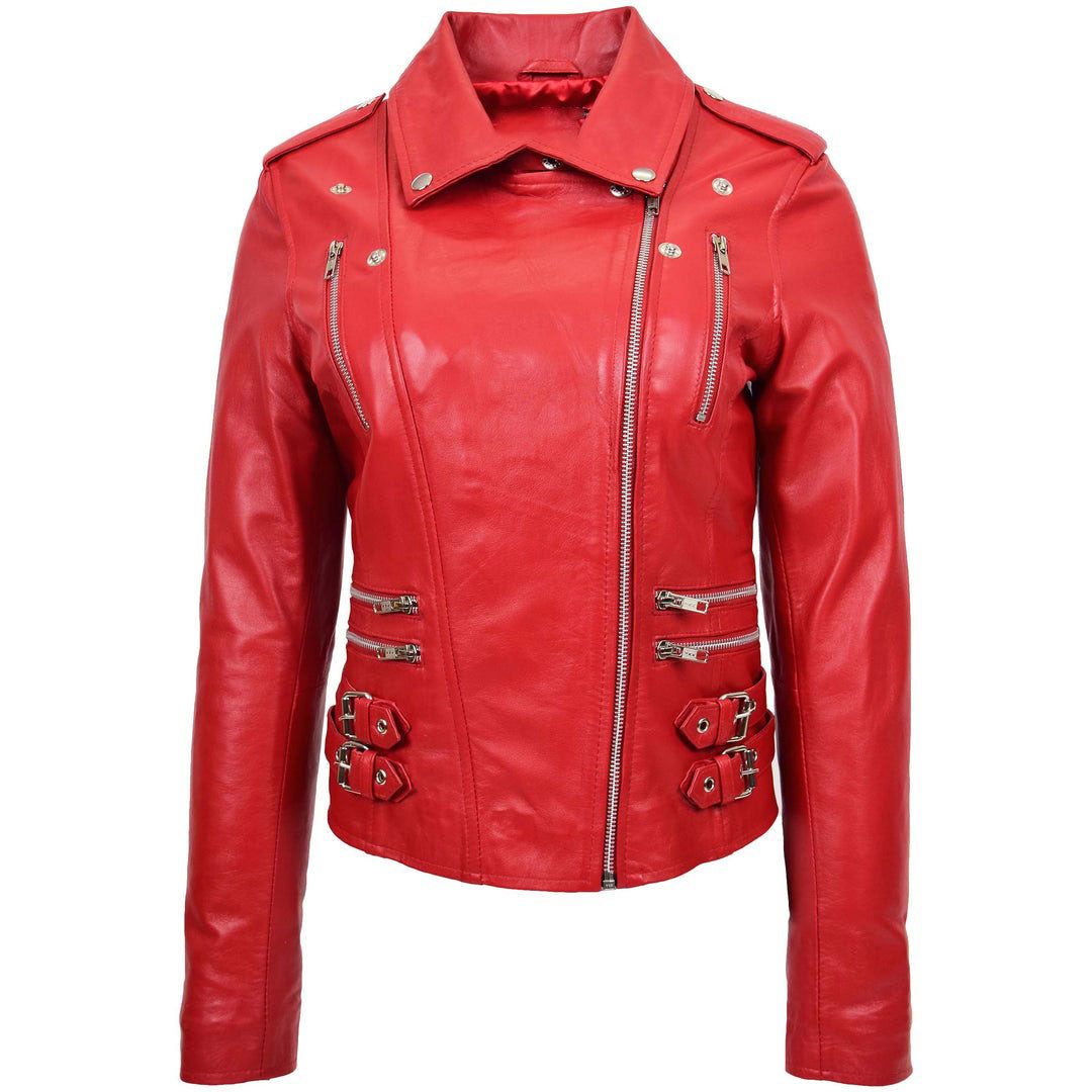 Womens Cross Zip Biker Leather Jacket Cara Red