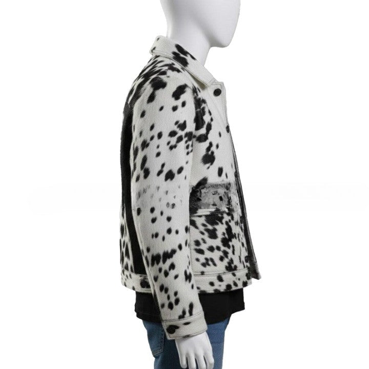 Mens HairOn Cowhide Leather Trucker Jacket Black and White Panel, Handmade