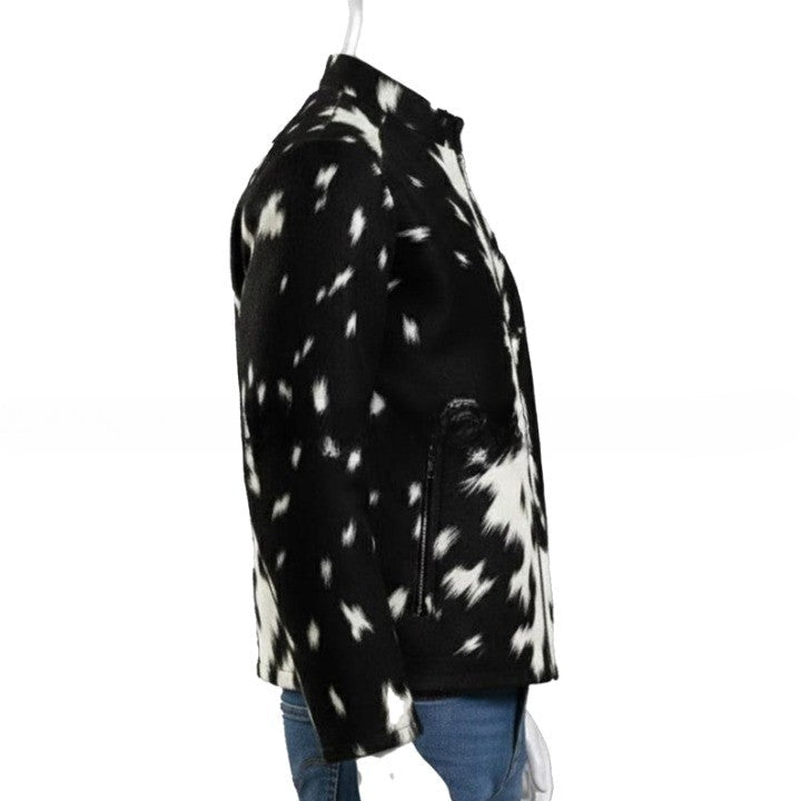 Mens Black and White Pattern Leather Jacket with Front Zip  Modern Minimalist Casual Outerwear
