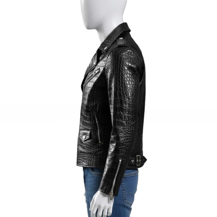 Mens Black Crocodile Embossed Leather Biker Jacket  Genuine Leather Motorcycle Moto Jackets Handmade