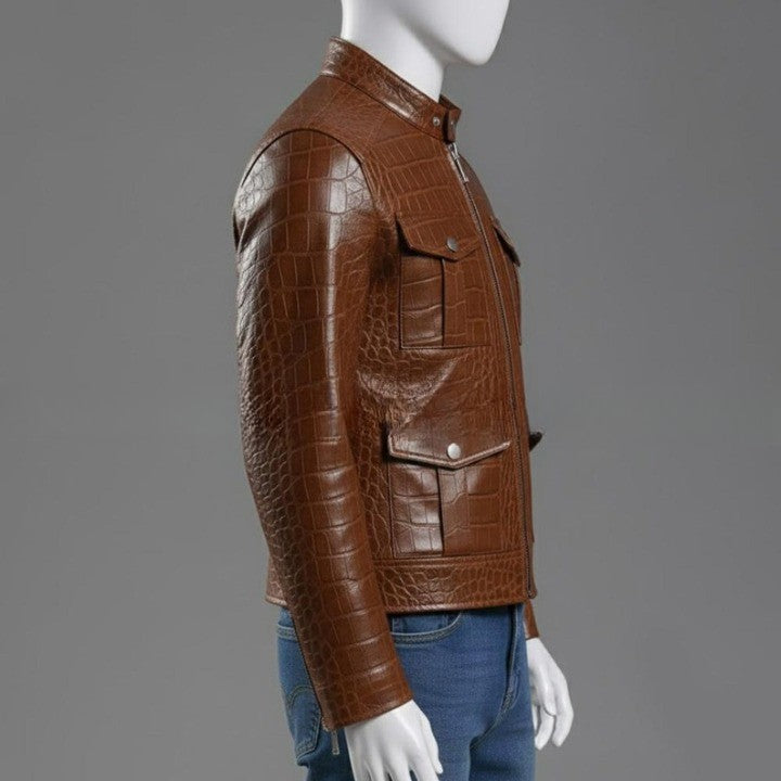 Mens Brown Crocodile Embossed Genuine Leather Jacket