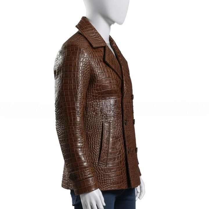 Embossed Brown Leather Peacoat  Mens Double Breasted Jacket