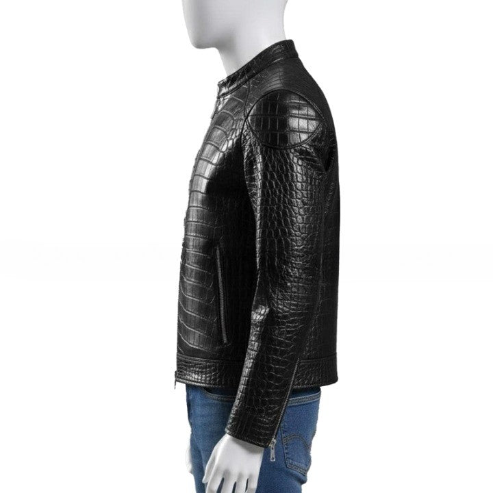 Mens Black Crocodile Embossed Leather Jacket  Genuine Leather Biker Style Handmade Jackets