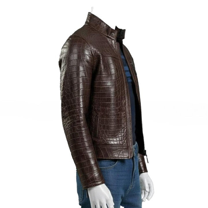 Mens Croc Embossed Genuine Leather Jacket  Slim Fit Stand Collar