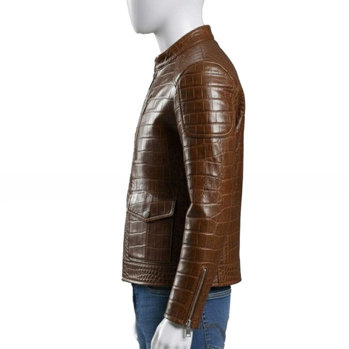 Mens Brown Crocodile Embossed Leather Biker Jacket  Slim Fit Aviator Coat