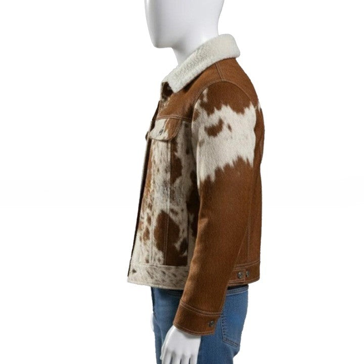 Mens Brown  Cream Cowhide Style Leather Jacket  Handmade Pathwork Western Jacket