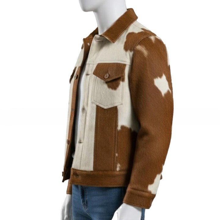Mens Brown  Cream Cowhide Style Leather Jacket  Handmade Patchwork Western Jacket