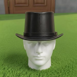 Handmade Black Leather Top Hat Steampunk Victorian Cosplay Gothic Buckle Hat