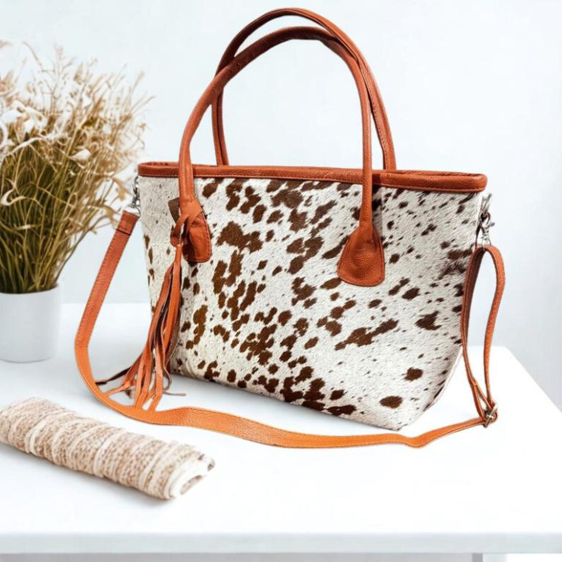 Handmade Cowhide Tote Bag Western Style Leather Shoulder Bag