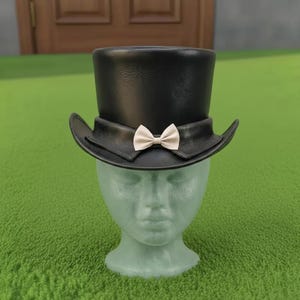 Handmade Black Leather Top Hat with Bow Victorian Steampunk Wedding Formal Hat