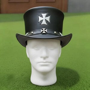 Handmade Black Leather Steampunk Top Hat Gothic Biker Iron Cross Cosplay  Festival Gift
