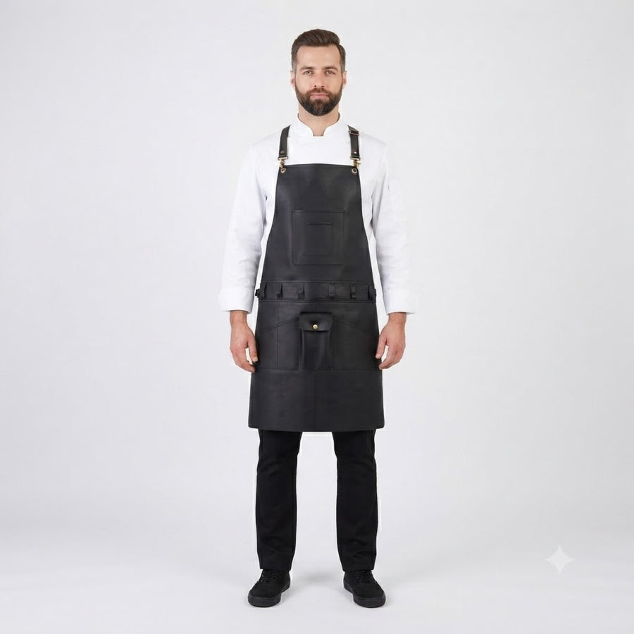 Premium Black Leather Utility Apron with Tool Organizer Adjustable Cross Back Harness