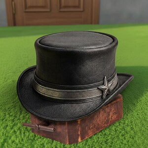 Handmade Black Leather hat Steampunk Silver Star Concho Gothic Western Festival Cosplay Hat