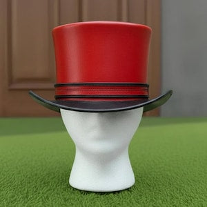 Handmade Red Leather Top Hat Steampunk Cosplay Hat with Black Brim Band