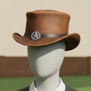 Handmade Brown Leather Top Rustic Hat Steampunk Sheriff Star Western Gothic Cosplay Festival