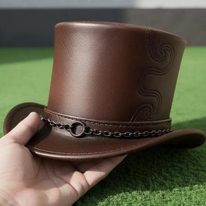 Handmade Brown Leather Top Hat Embossed Chain Band Gothic Steampunk Cosplay