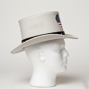 Handmade Patriotic White Top Hat American Flag Leather Hat USA Western Festival