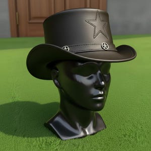 Handmade Black Leather Top Hat Steampunk Gothic Star Design Unisex Cosplay Accessory