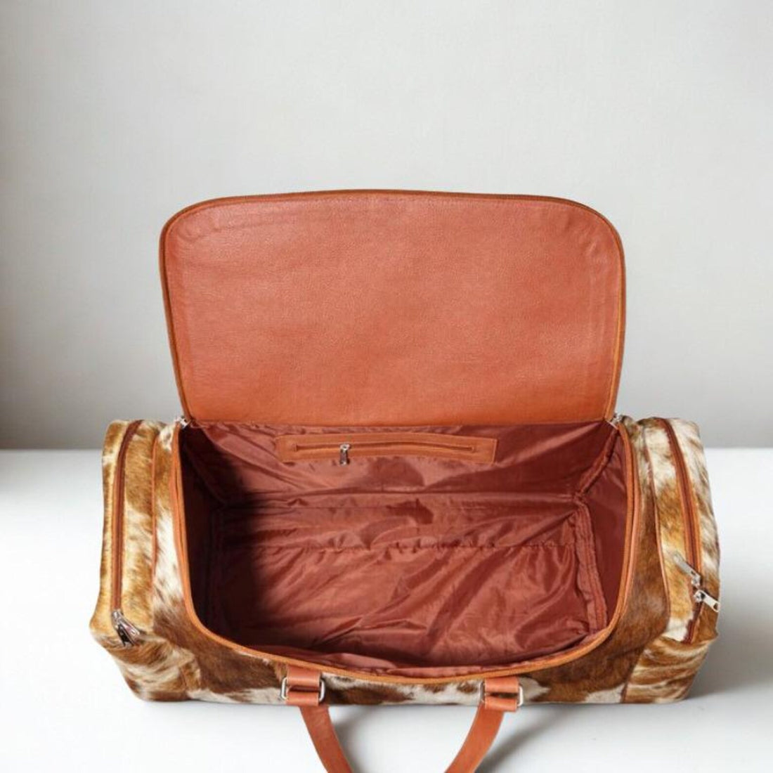 Tan  White Cowhide Duffel Bag  Genuine Leather Western Weekender 22